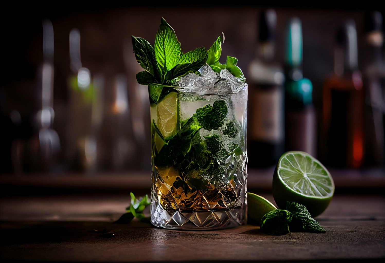 Cocktail Mojito reposant sur un comptoir de bar.
